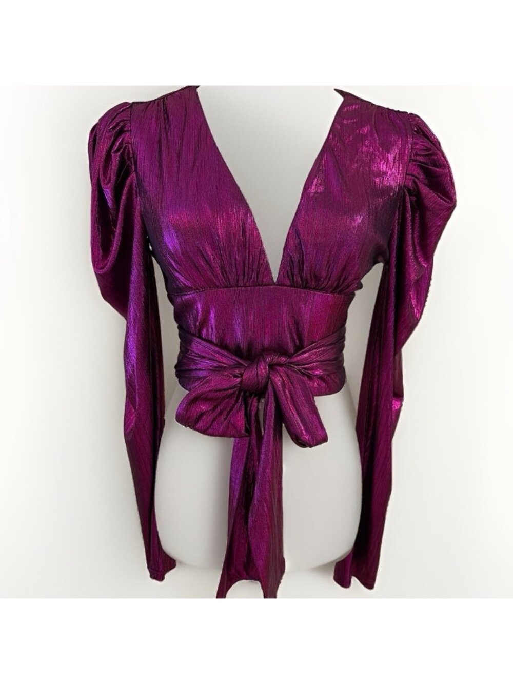 Metallic Fuchsia Faux Wrap Crop Top Size M Puff Shoulders Tie Belt Glam Festival